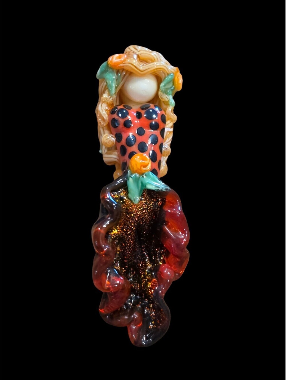 Artesian Handmade Dancer Lampwork Glass Focal Bead Charm Pendant Amber Dots 2.5"